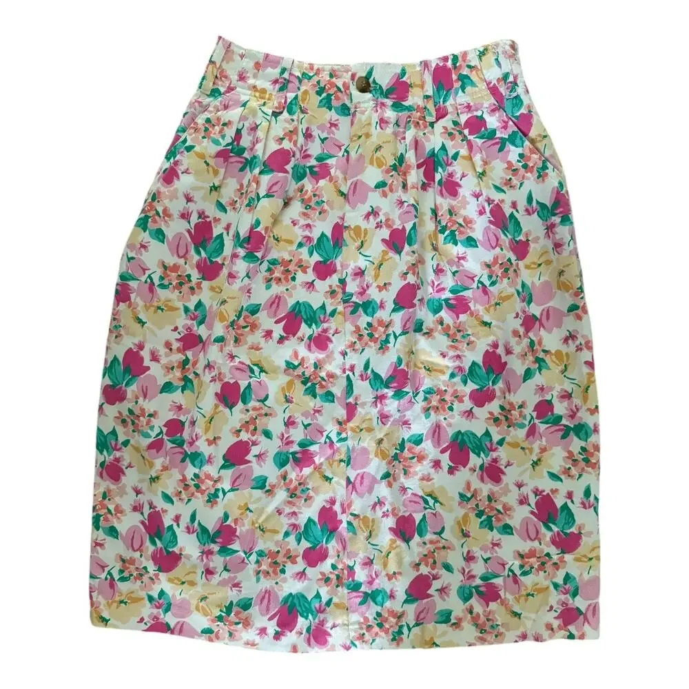 Vintage Hunt Club high waisted pleated floral, pockets, white, pink skirt size 8
